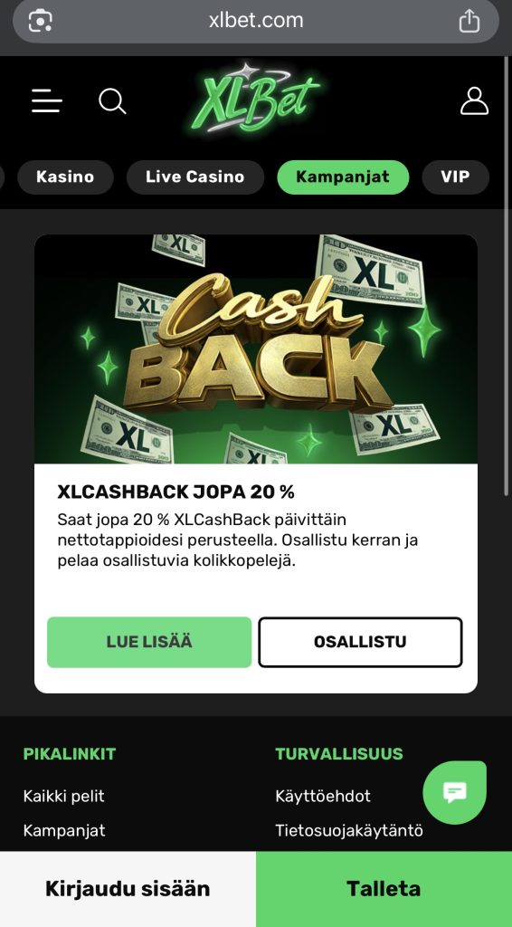 MGA kasinot tarjoavat usein myös cashbackia